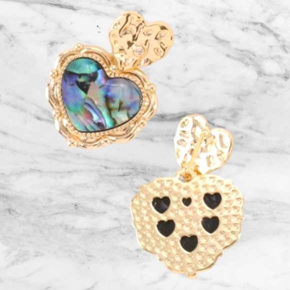 Heart Drop Shell Earrings Gold Tone Setting - Picture 3 of 7